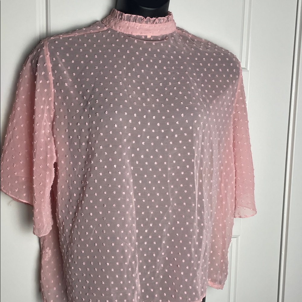 SHEIN Pink Sheer Polka Dot Pom Blouse Short Sleeve Size 2XL